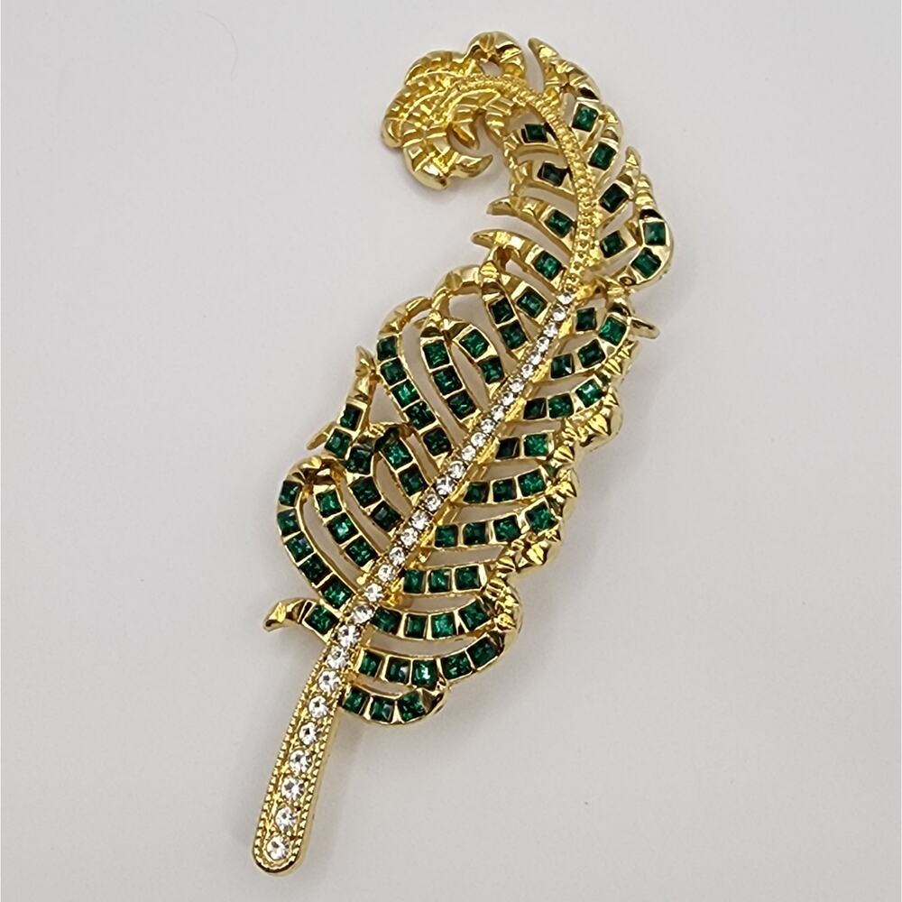 Large Rhinestone Feather Brooch Green and Clear Stones on Gold Tone Metal